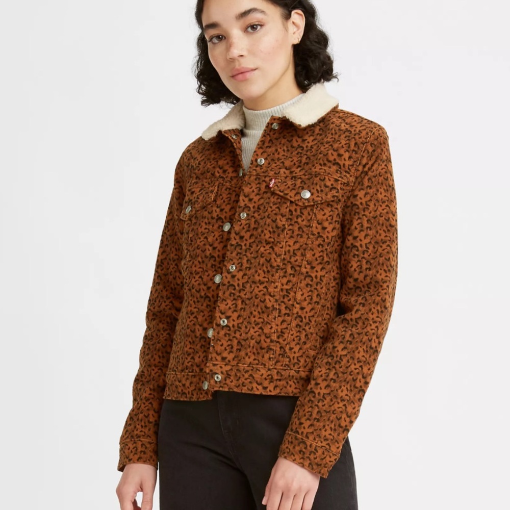 Levi’s Animal Leopard Print Corduroy Sherpa Original Trucker Jacket Brown Size M
